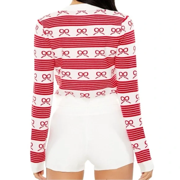 Forever 21 Coquette Striped Bow Ivory Red Knit Cardigan Sweater Size Medium - Picture 7 of 8